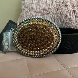 NWT bebe Black Leather Western Belt with Brown, Pink, Golden Embellished Buckle